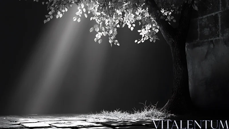 Monochrome courtyard tree under sculpted volumetric sunlight.