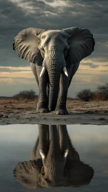 Elephant standing at waterhole with symmetrical reflection.