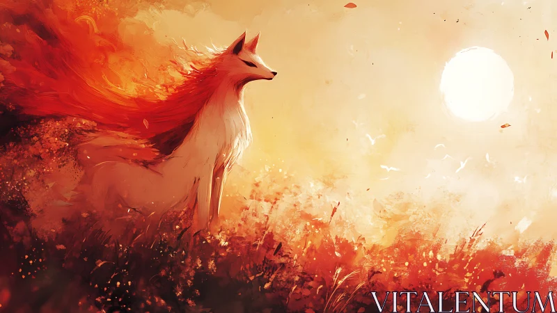 Fiery fox spirit gazing toward a blazing autumn sun.