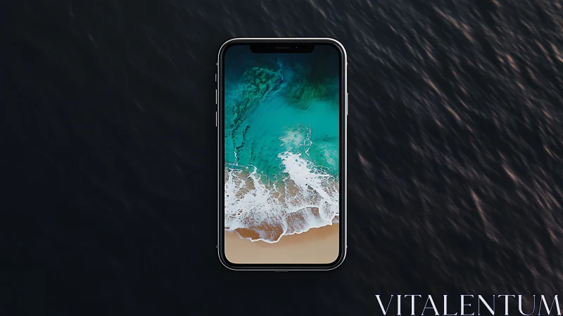 Bezel-less smartphone with ocean wallpaper on dark water surface