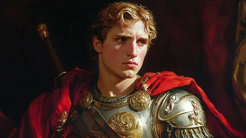 Young armored commander gazes sideways in warm light