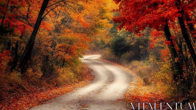 Curving autumn road drifts through a glowing forest ember dream.
