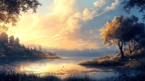 Golden hour light transforms tranquil lakeside forest