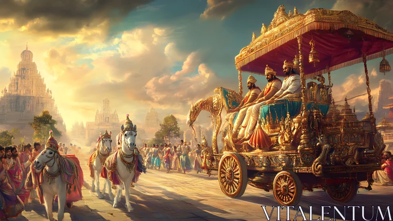 Golden royal chariot glides through sunlit mythic kingdom.