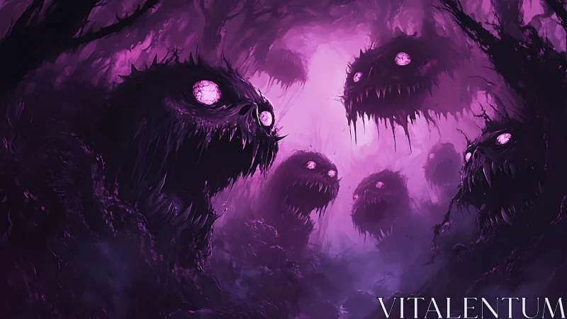 Glowing eyed forest spirits drifting through violet fog.