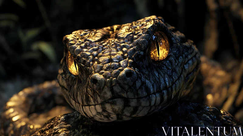 Golden-eyed serpent coil under dramatic low-key light.