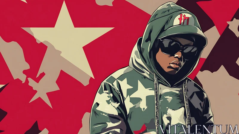 Hooded figure in sunglasses stands before stylized star field