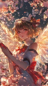 Winged girl reading under luminous cherry blossom canopy