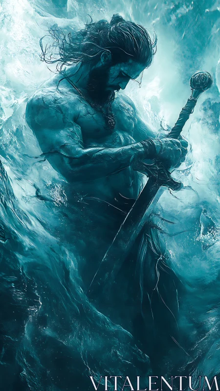 Mythic warrior gripping sword amid raging turquoise water.