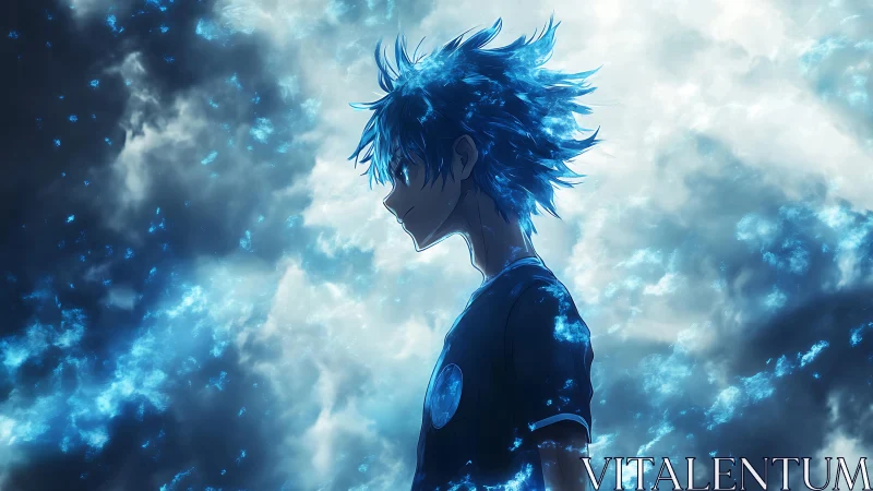 Blue-haired anime silhouette immersed in luminous storm clouds
