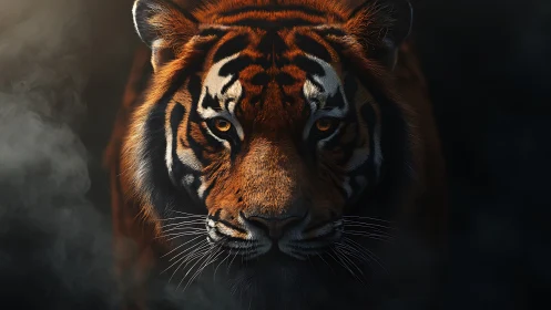 Tiger emerges from shadow with piercing amber gaze.