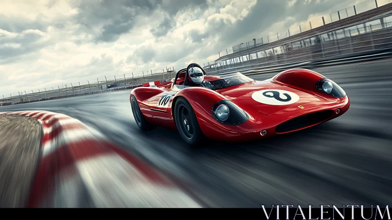 Red vintage race car rounds circuit corner at sustained speed