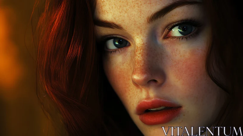 Soft ember light on a freckled, wide-eyed portrait.