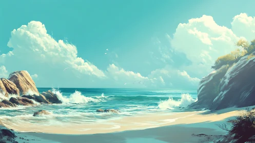 Coastal cove with dynamic surf and stratified cloud formations rendered