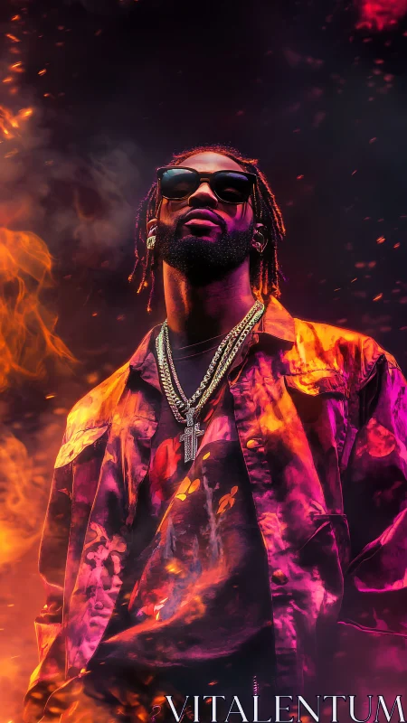 Photorealistic flaming portrait with neon cinematic grading.