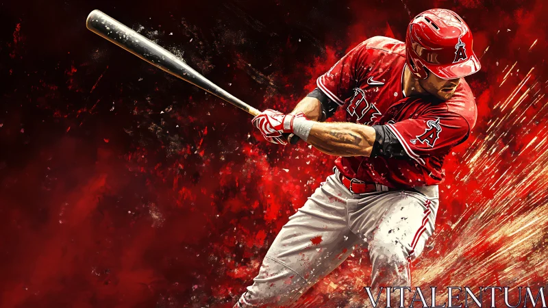 Powerful baseball swing in dynamic red digital artwork.