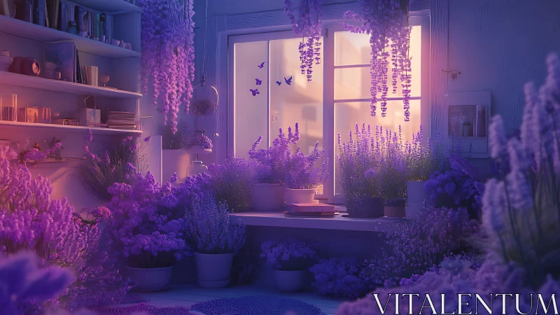 Indoor workspace filled with purple potted flowers at dusk.