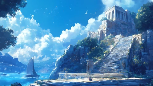 Sunlit cliffside temple above azure Mediterranean bay.