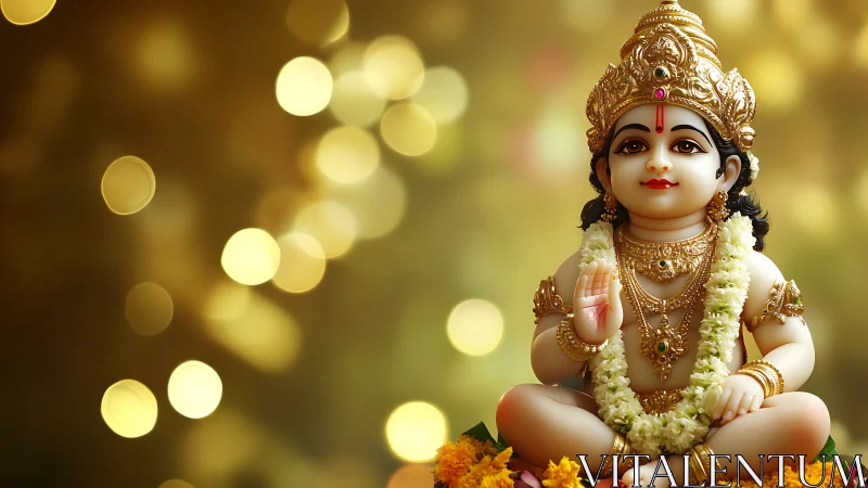 Golden baby deity amid soft lights and festive blooms.