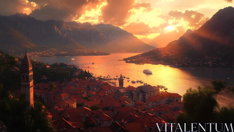 Sunlit coastal town and bay rendered in warm cinematic light