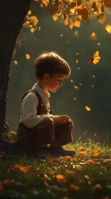 Autumnal child portrait in backlit woodland vignette digital painting.