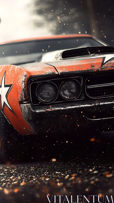 Weathered muscle car surges through sparks in cinematic close-up