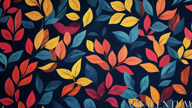Colorful stylized leaves form dense seamless pattern on navy
