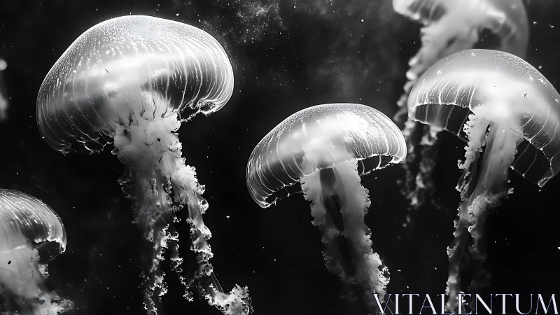 Luminous jellyfish drift through monochrome underwater void.