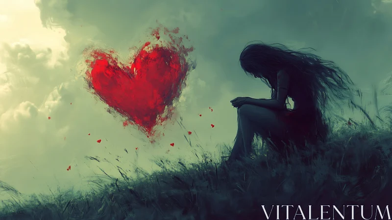 Crimson heart glows beside a quiet figure on a dusky hill