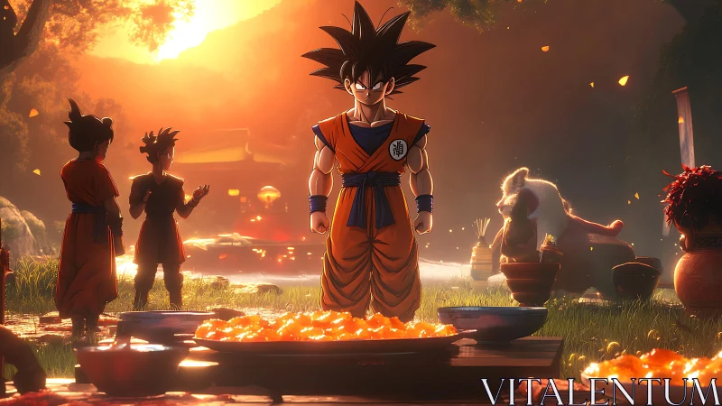 Martial artist characters at outdoor meal in warm sunset light.