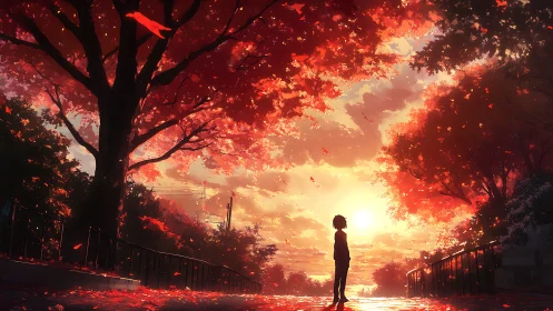 Silhouetted youth under blazing autumn canopy at sunset.