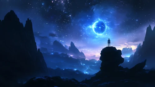 Lone explorer gazes at glowing blue planet in alien night sky