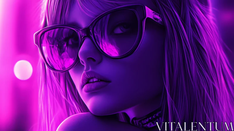 Neon-lit closeup of girl in oversized sunglasses, violet glow.