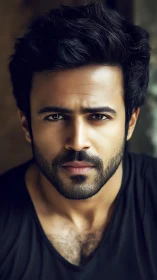 Intense bearded portrait under soft cinematic light.