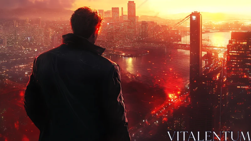 Figure in black coat overlooking dense city at sunset.