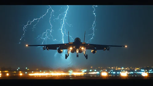 Night sortie ascent against electric storm backdrop, photorealistic.