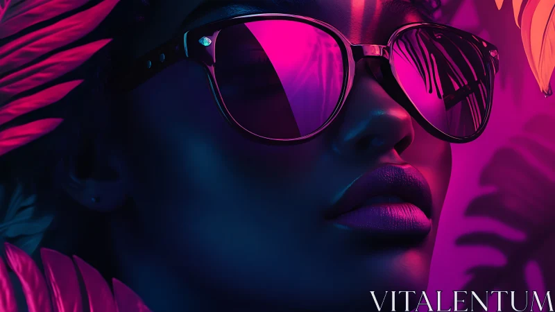 Neon lit portrait with reflective sunglasses and leaves.