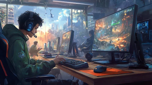 Pro gamer immersed in neon-lit futuristic cityscape arena.