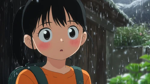 Wide-eyed girl in gentle rain discovering a quiet moment.