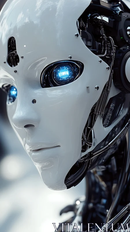 Humanoid android profile shows glossy shell and neon core