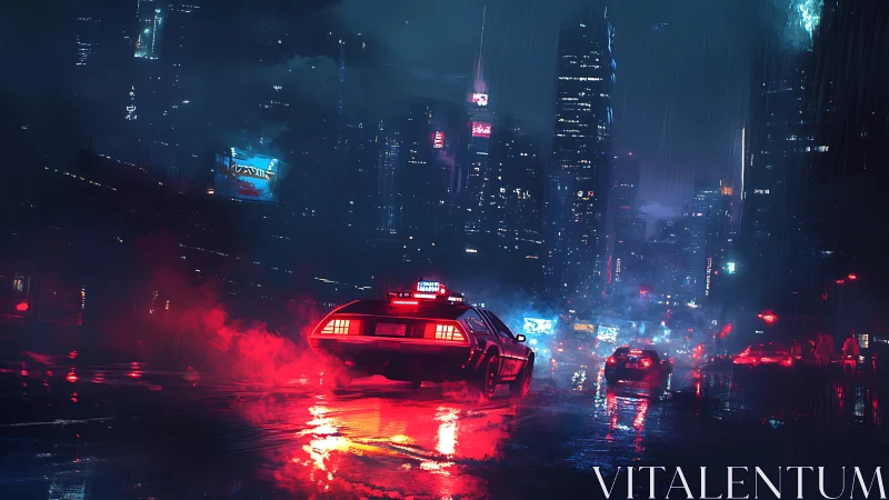 Futuristic car on wet neon street in dense rainy megacity.