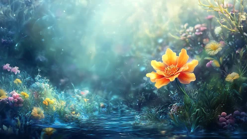 Luminous orange flower by glowing stream in fantasy garden.