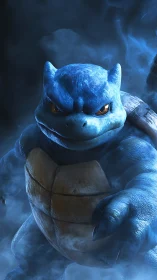 Blastoise style blue turtle creature in smoky blue light.