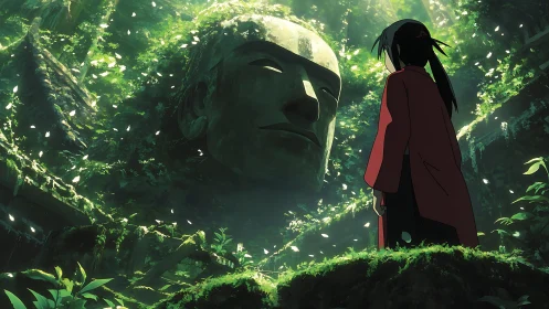 Solitary wanderer before moss-covered colossus in jungle ruin.