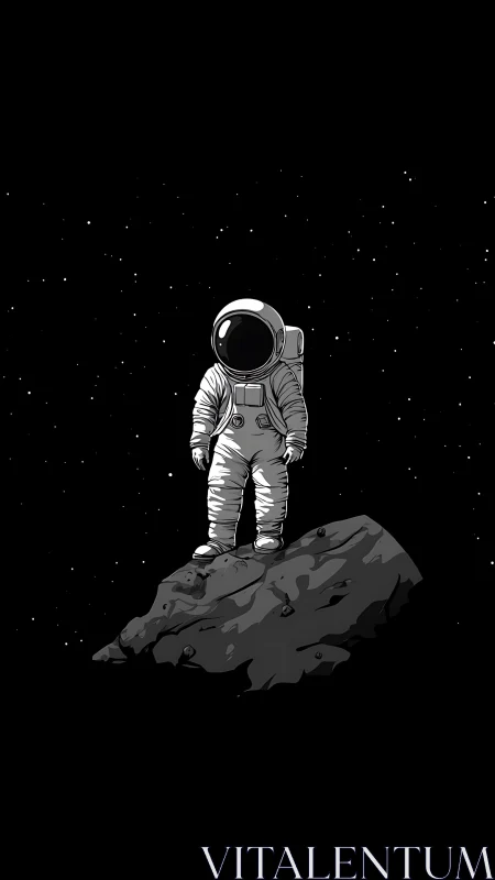 Lone astronaut stands on drifting asteroid in deep space.