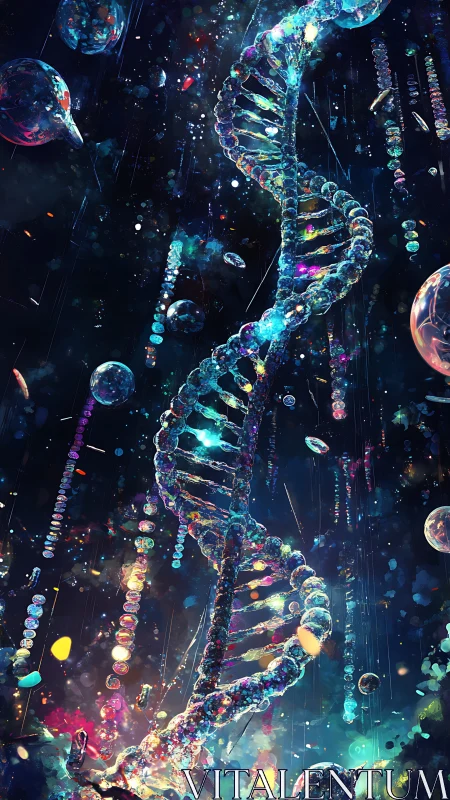 Starlit DNA helix drifting through cosmic chemistry storm.