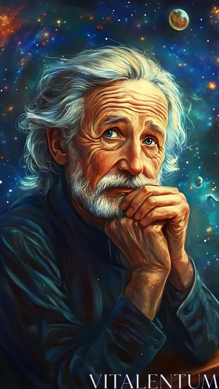Elderly male figure against star-filled cosmic backdrop.