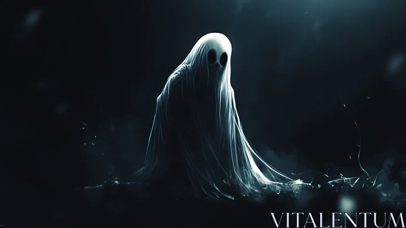 Ethereal ghostly figure glows in a deep shadowed void.