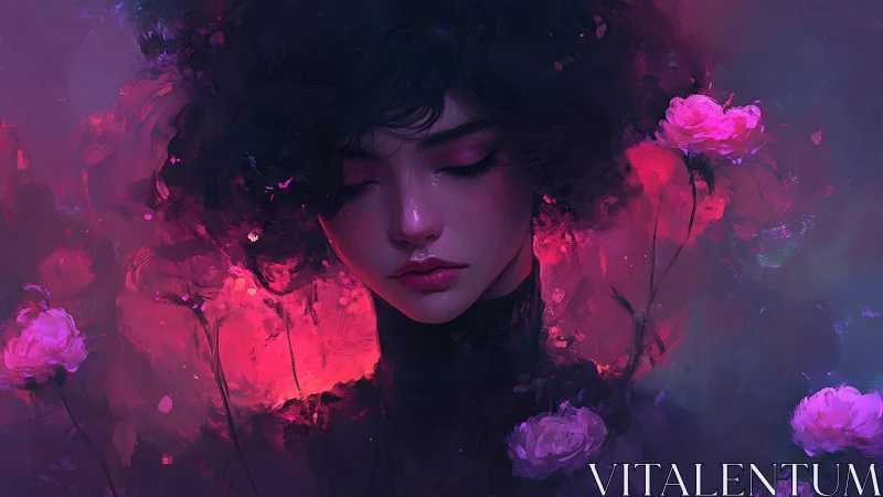 Chromatic portrait of meditative woman in neon florals.