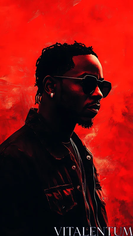 Side-profile portrait shows figure in dark jacket on red field